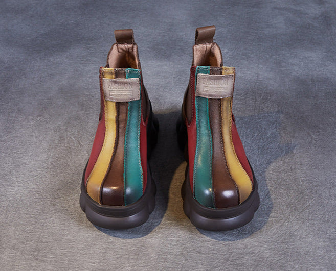 Multicolor Retro Chunky Sole Leather Ankle Boots for Women