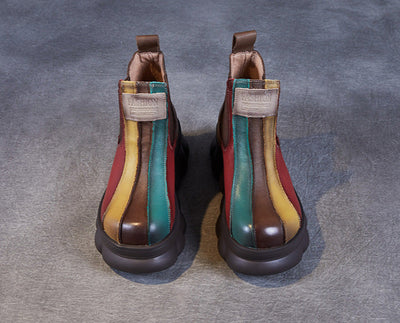 Multicolor Retro Chunky Sole Leather Ankle Boots for Women