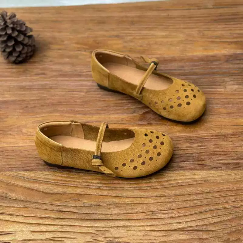 Retro Summer Leather Breathable Hollow Round Toe Soft Shoes