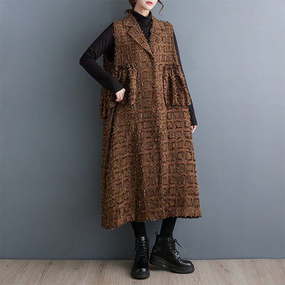 Ladies Stylish Ruffled Lapel Textured Fringed Sleeveless Jacket