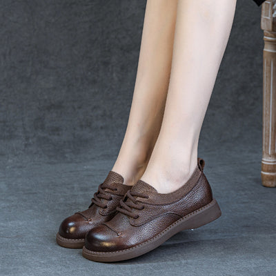 Women Black Brown Retro Genuine Leather Lace-Up Casual Shoes
