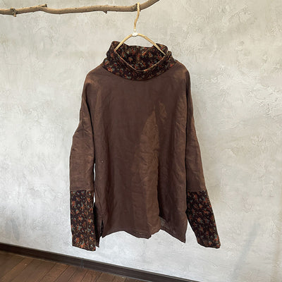 Ladies Vintage Loose Printed Patchwork Turtleneck Linen Top