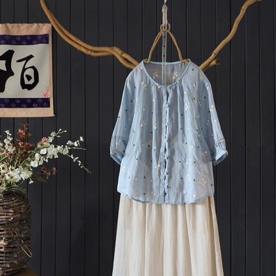 Women Summer Ramie Casual Embroidered Round Neck Shirt