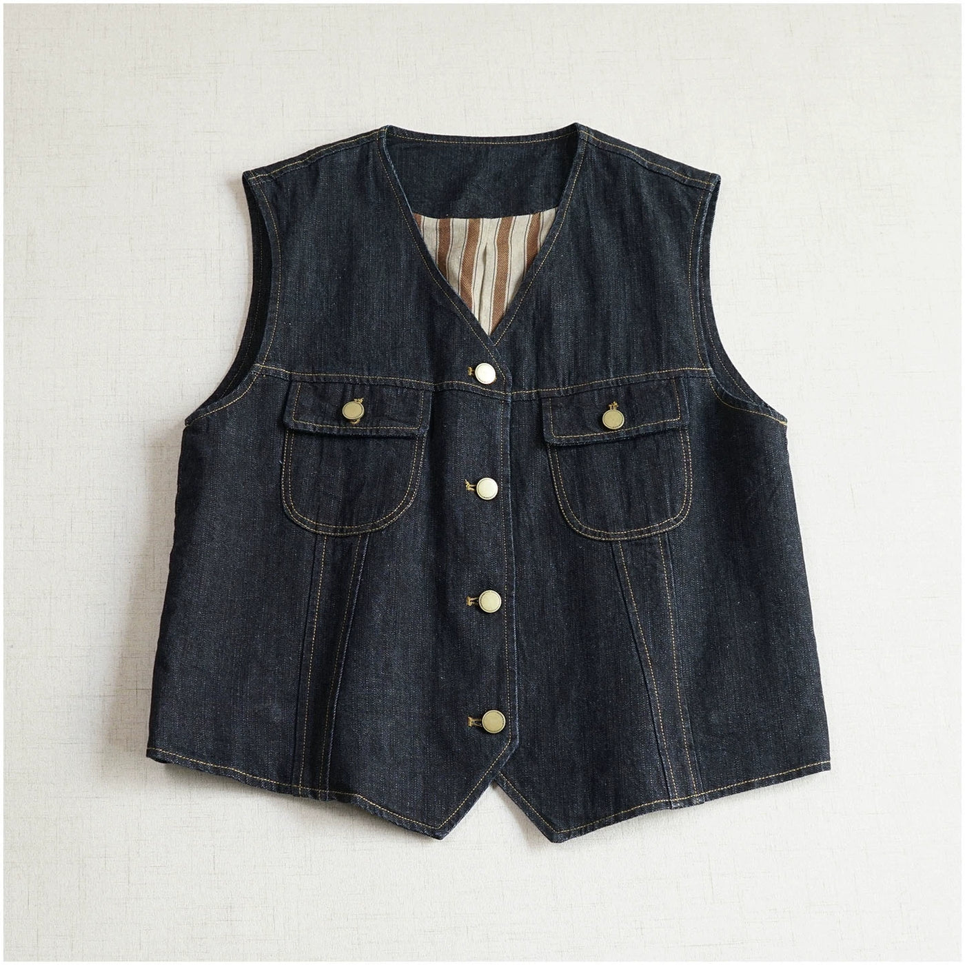 Retro Denim V-Neck Patchowk Single Breasted Pocket Vest