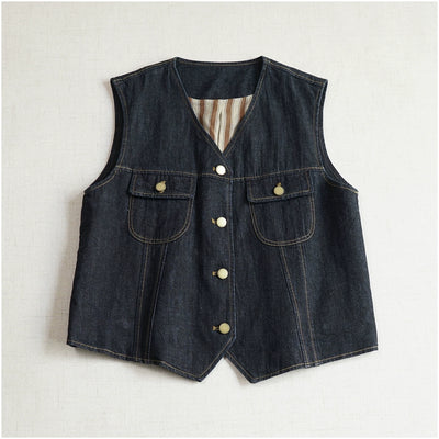 Retro Denim V-Neck Patchowk Single Breasted Pocket Vest