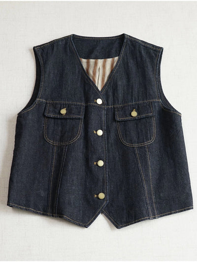 Retro Denim V-Neck Patchowk Single Breasted Pocket Vest