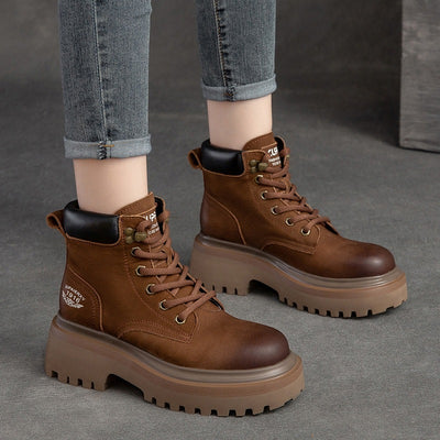 Women Retro Fashion Lace- Up Platform Leather Boots