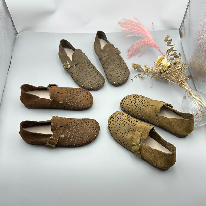 Babakud Retro Leather Casual Hollow Closed Soft Sole Flats Shoes