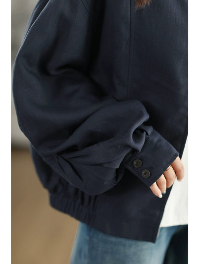 Women Retro Linen Round Neck Zipper Solid Color Jacket