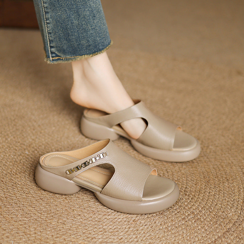 Summer Sheepskin Leather Open Toe Casual Chunky Shoes