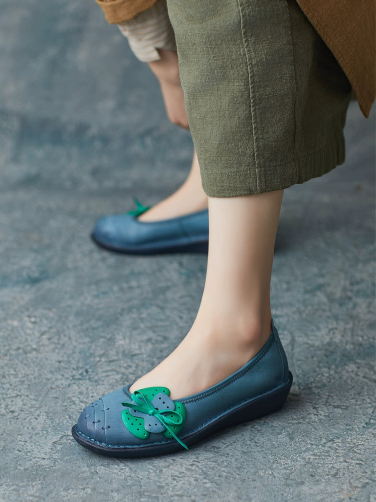 Summer Retro Genuine Leather Shallow Soft Sole Bow Shoes