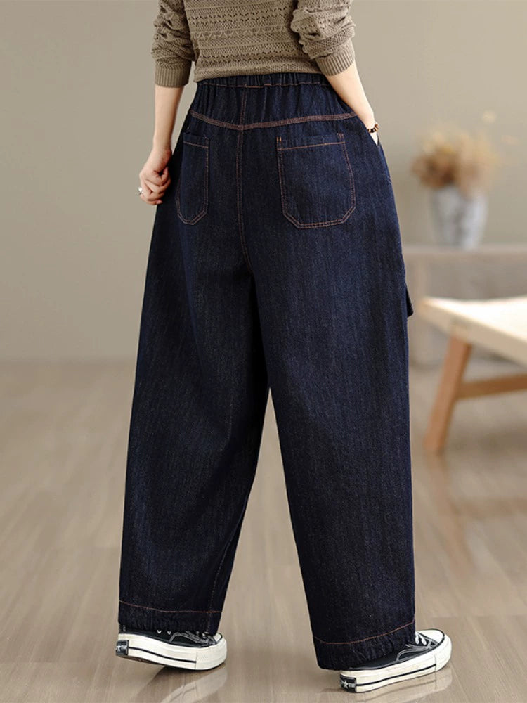 Casual Denim Embroidered Elastic Waist Lace-Up Harem Jeans