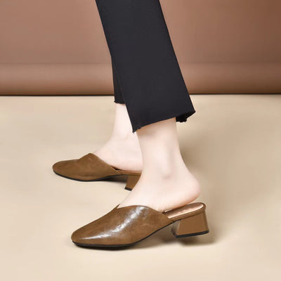 Women Summer Leather Mules Closed Toe Chunky Heel Slip-Ons Shoes