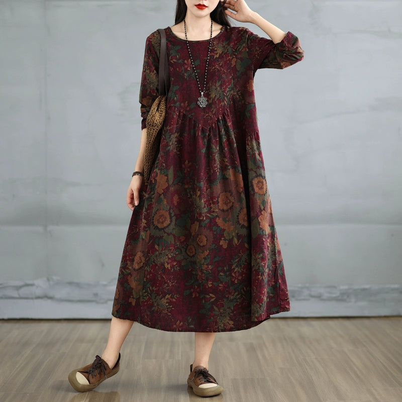 Women Autumn Retro Cotton-Linen Plus Size Printed Floral A-Line Dress