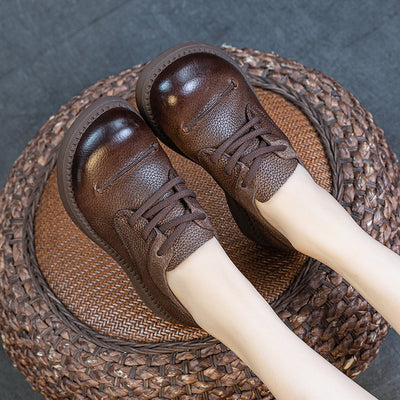 Women Black Brown Retro Genuine Leather Lace-Up Casual Shoes