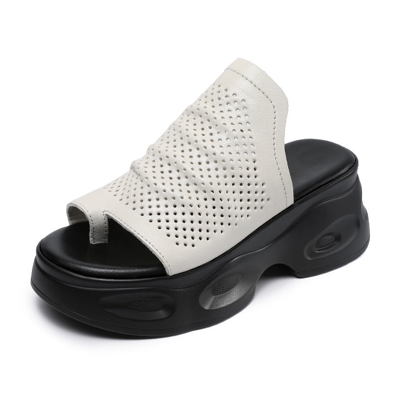 Summer Retro Genuine Leather Platform Hollow Toe Post Sandals