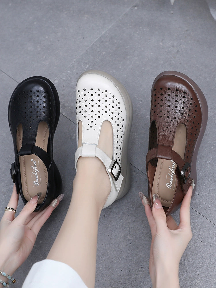 Women Summer Retro Leather Hollow Platform Sandals