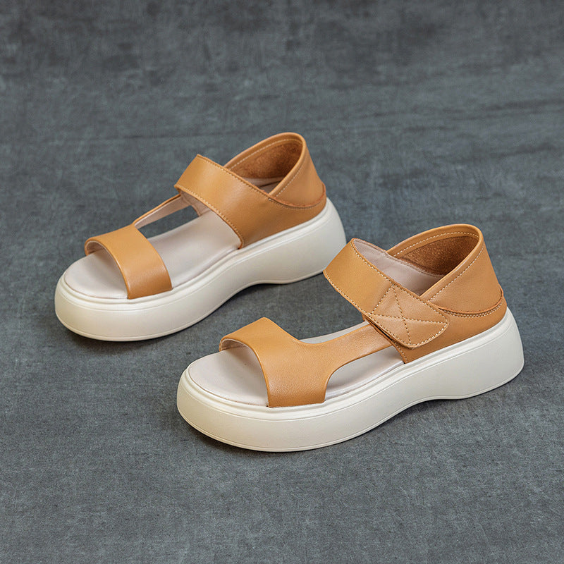 Summer Casual Leather Open Toe Platform Velcro Shoes