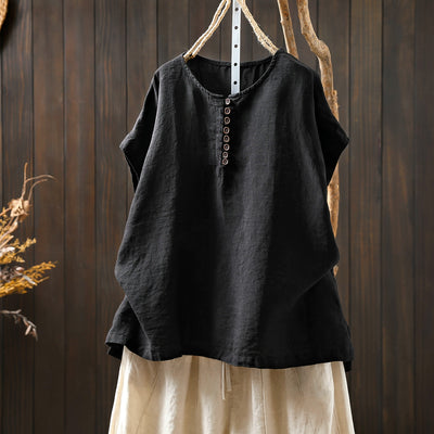 Summer Linen Breathable Round Neck Loose Casual Tops