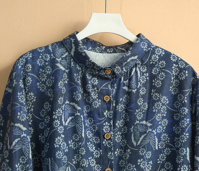 Women Retro Floral Long-Sleeved Casual Cotton Shirt