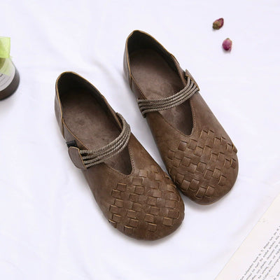 Women Casual Retro Woven Round Toe Flat Sole Velcro Sandals