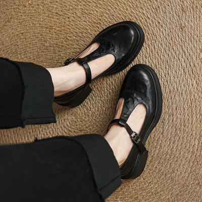 Retro Sheepskin Leather Round Toe One Straped Chunky Shoes