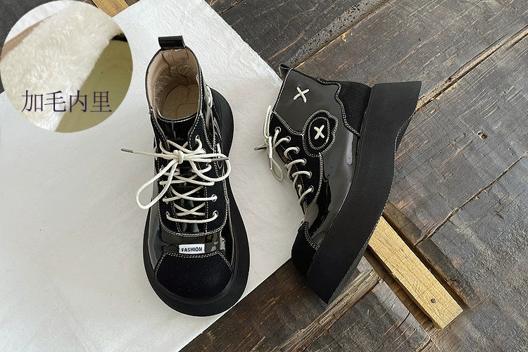 Women Autumen PU Cool Platform Soft Sole Lace-Up Boots
