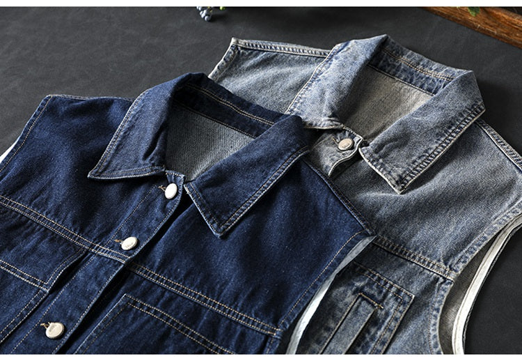 Women Spring Retro Denim Solid Color Casual Vest