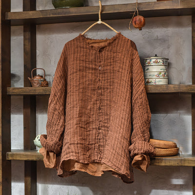 Women Retro Linen Washed Casual Loose Round Neck Shirt