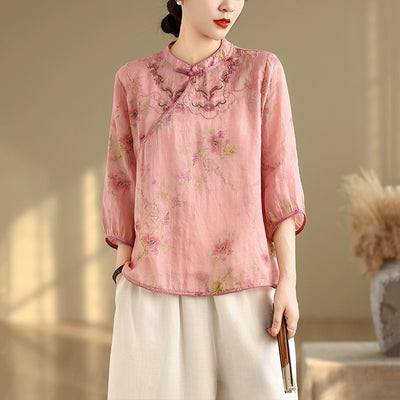 Ladies Elegant Chinese Style Embroidered Buttoned Ramie Blouse