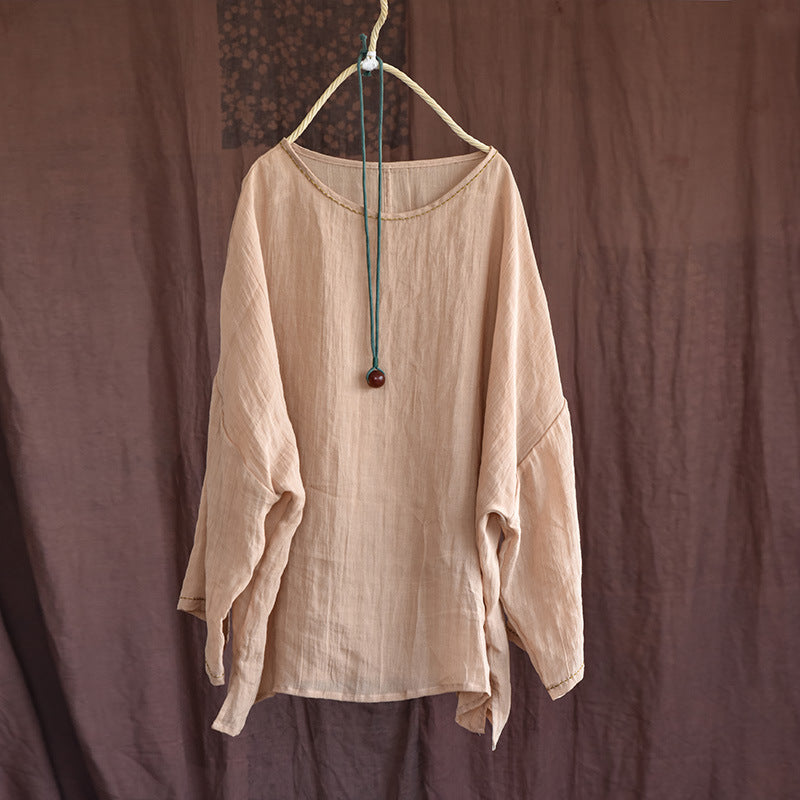 Women Retro Crinkled Long Sleeves Lightweight Ramie Blouse