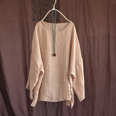 Women Retro Crinkled Long Sleeves Lightweight Ramie Blouse