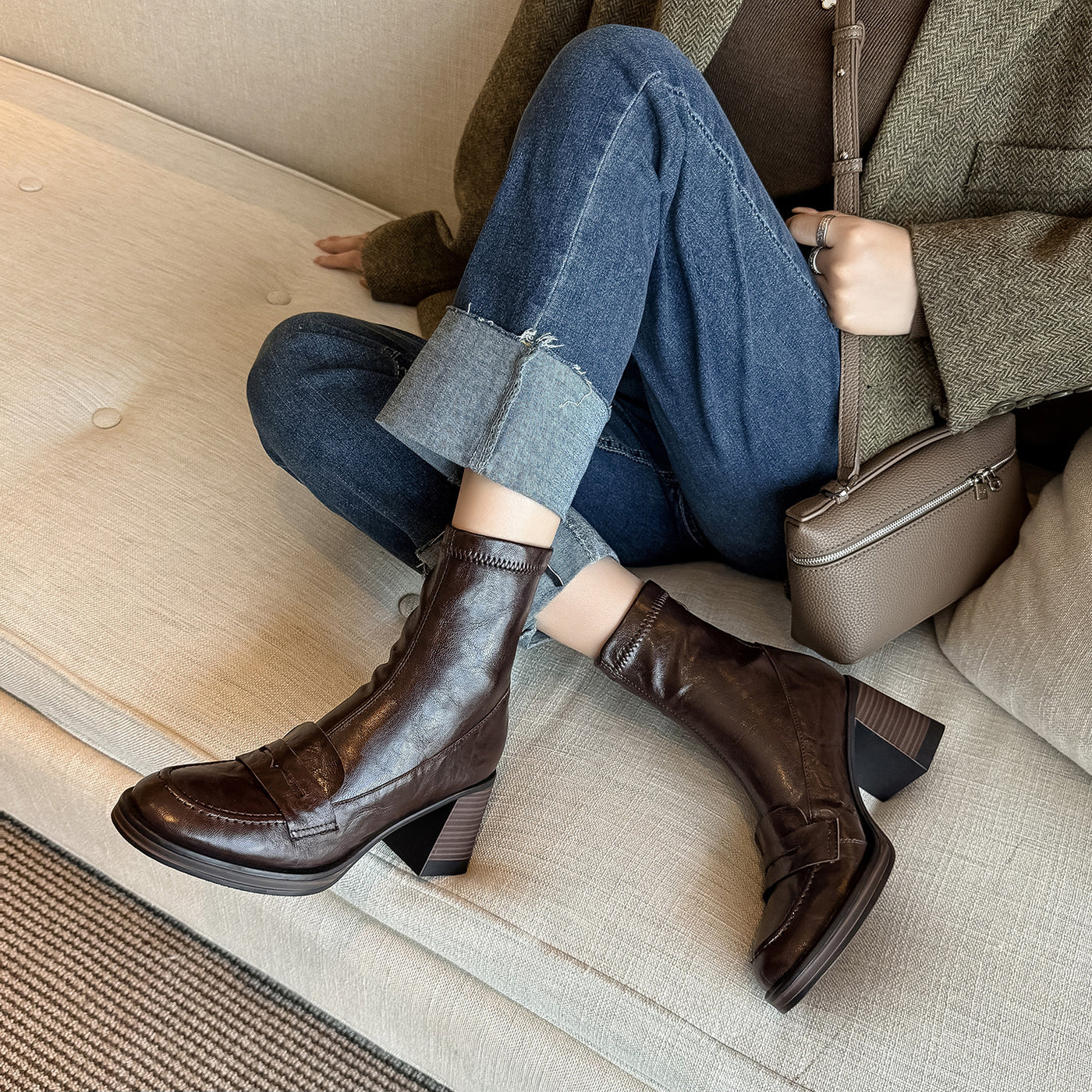 Women Elegant Sheepskin Leather Chunky Zipper Mid-Calf Boots