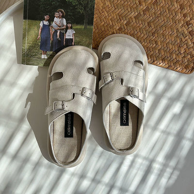 Women Retro Leather Sueded Closed Toe Cut Out Slip On Shoes