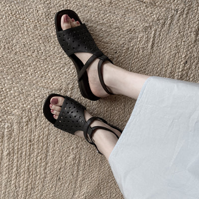 Summer Retro Leather Breathable Hollow Open Toe Sandals