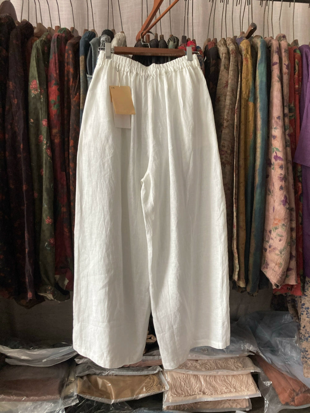 Summer Retro White Linen Embroidered Loose Tassel Pants