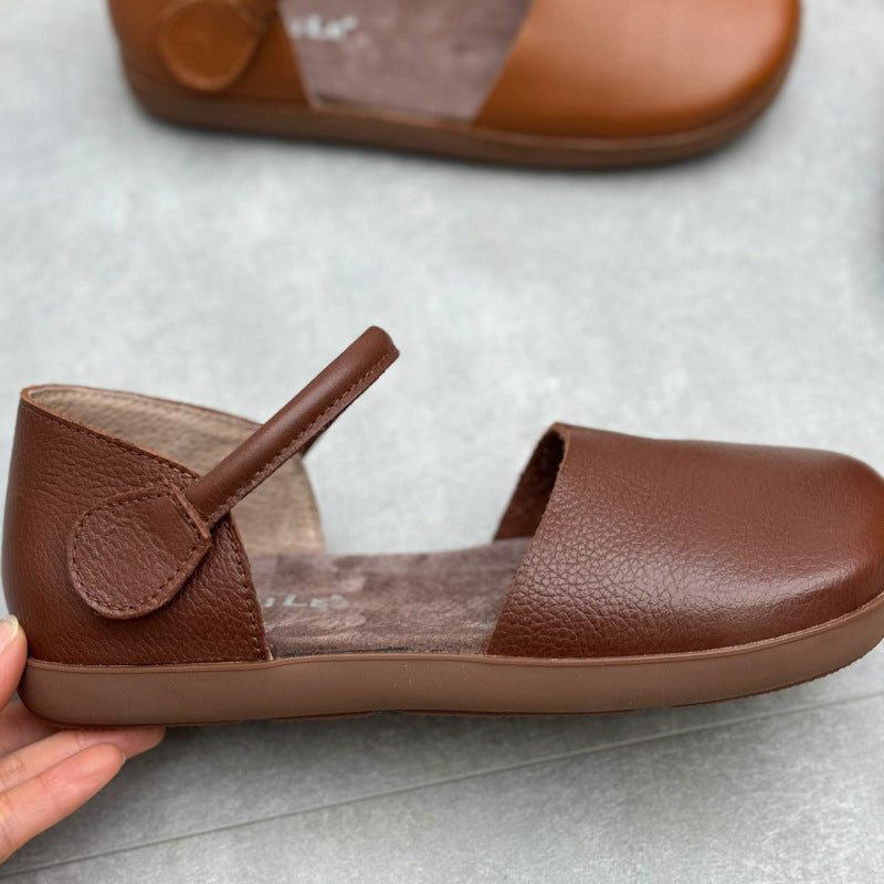 Women Trendy Retro Casual One-Strap Genuine Leather Flat Sandals