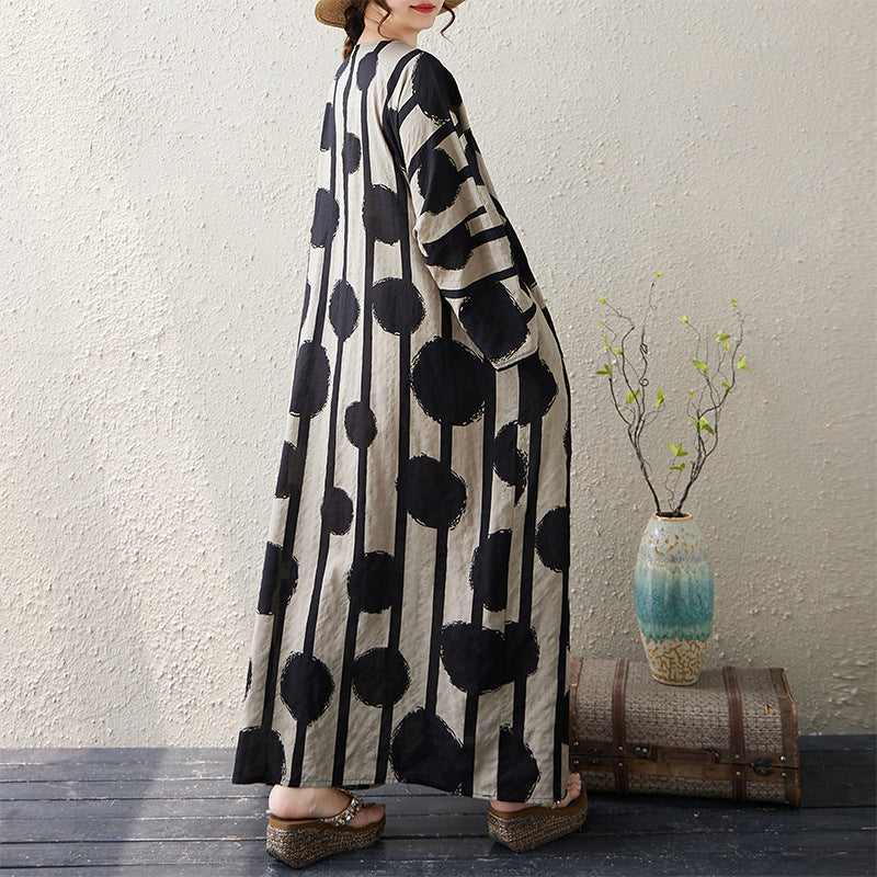 Autumn Linen V-Neck Long Sleeves Printed Dress With Pocket