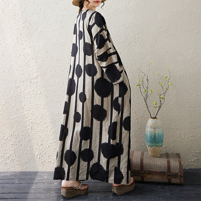 Autumn Linen V-Neck Long Sleeves Printed Dress With Pocket