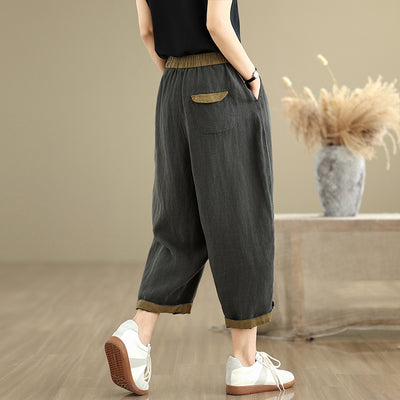 Women Casual Contrast Trim Workwear Cotton Linen Cropped Pants
