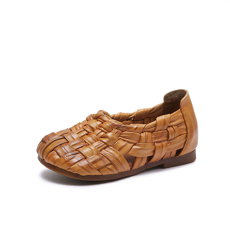Babakud Retro Genuine Leather Woven Hollow Slip-Ons Flats Shoes