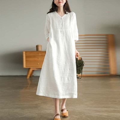 Summer Retro Cotton Linen V-Neck Patchwork Dress