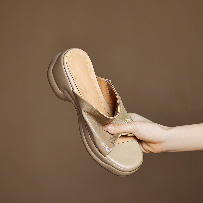 Top Genuine Leather Platform Everyday Open Toe Slippers
