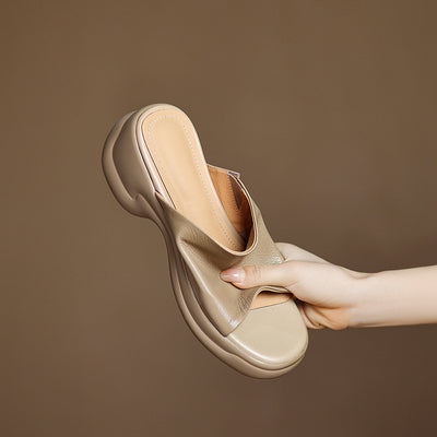 Top Genuine Leather Platform Everyday Open Toe Slippers