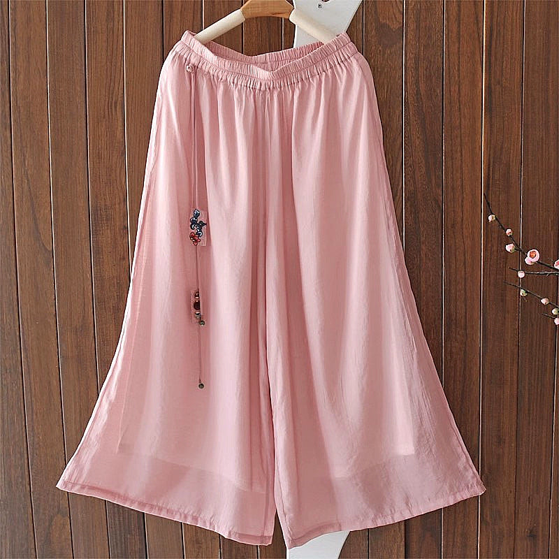 Summer Retro Linen Breathable Elastic Waist Tassel Pants
