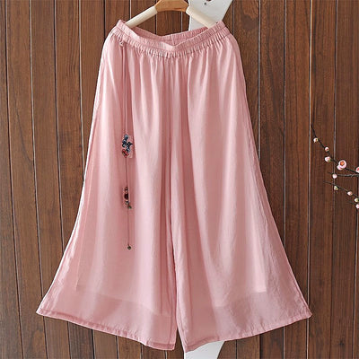 Summer Retro Linen Breathable Elastic Waist Tassel Pants