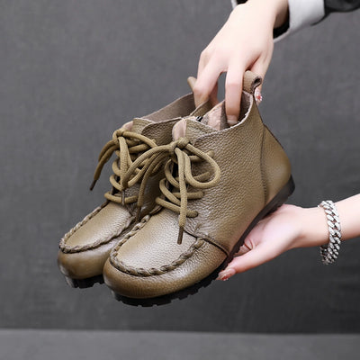Women Retro Leather Lace-Up Side Zipper Stitching Ankle Boots
