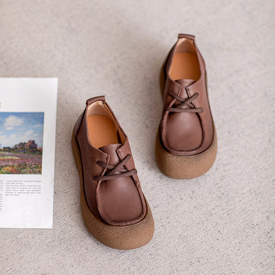 Retro Autumn Leather Round Toe Platform Slip-On Shoes