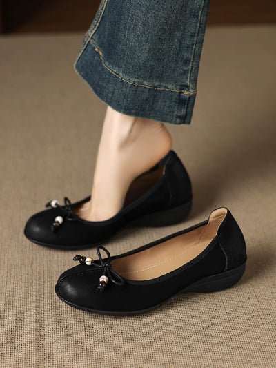 Elegant Sheepskin Leather Round Toe Shallow Bow Shoes