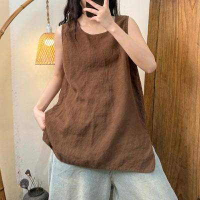 Women Casual Solid Color Sand-Washed Linen Sleeveless Top